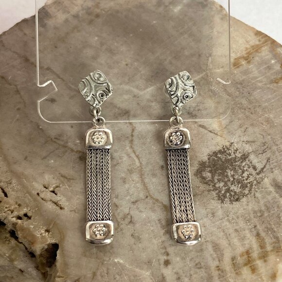 Signed Greek Pipis Sterling Silver 925 Foxtail Chain Dangle Drop Earrings - Picture 7 of 16